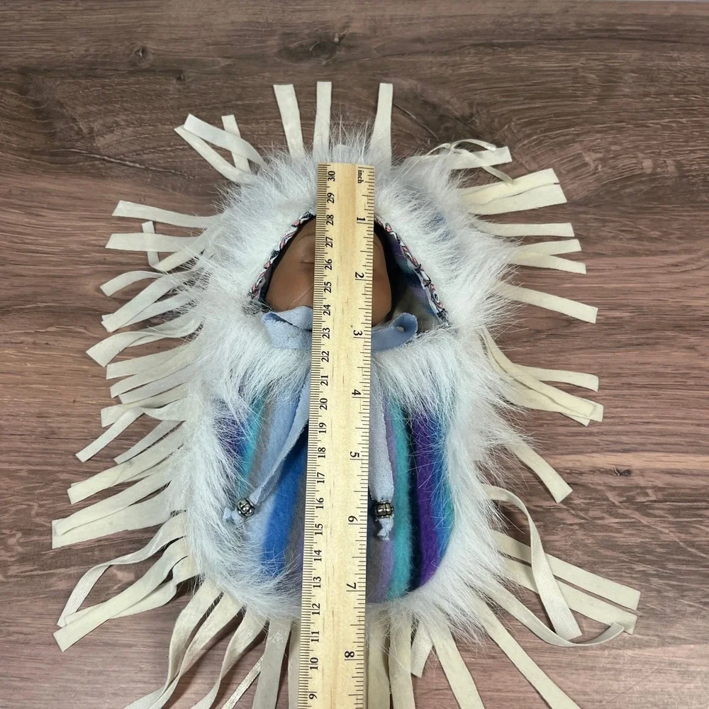 Native American Porcelain Baby Doll Papoose Blue Purple Faux‎ Fur Fringe Striped